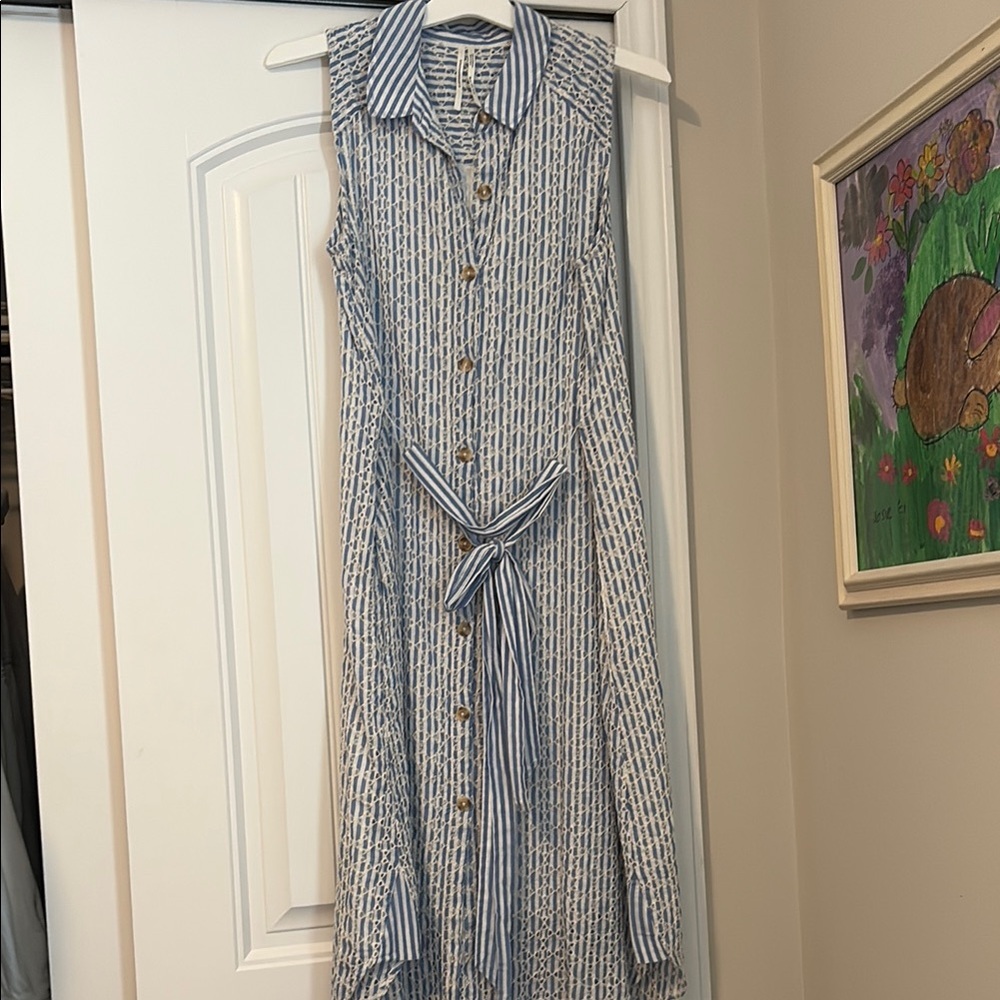 Anthropologie Blue and White Sleeveless Midi Dress with Tie Front